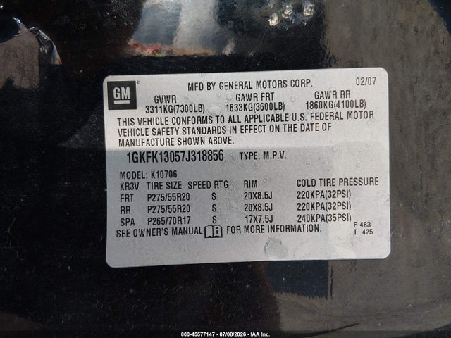 Продаж на аукціоні авто 2007 Gmc Yukon Slt, vin: 1GKFK13057J318856, номер лоту: 45577147