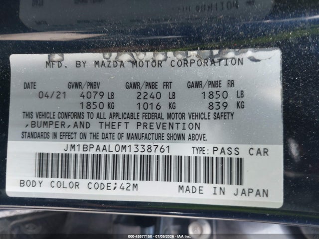 45577150 :رقم المزاد ، JM1BPAAL0M1338761 vin ، 2021 Mazda Mazda3 مزاد بيع