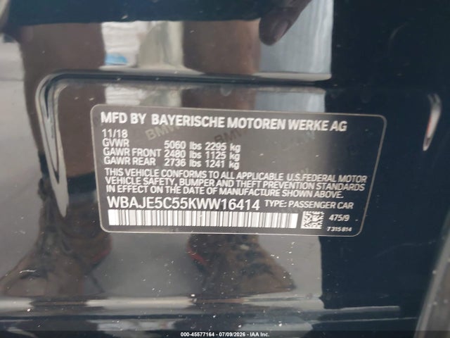 2019 Bmw 540i მანქანა იყიდება აუქციონზე, vin: WBAJE5C55KWW16414, აუქციონის ნომერი: 45577164