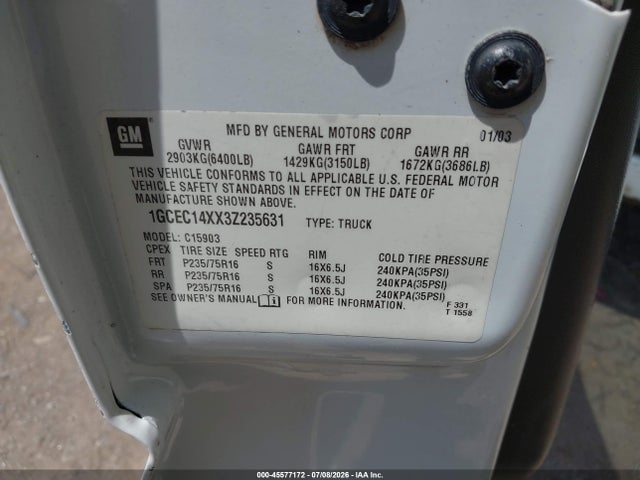 45577172 :رقم المزاد ، 1GCEC14XX3Z235631 vin ، 2003 Chevrolet Silverado 1500 Work Truck مزاد بيع