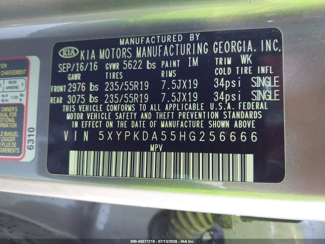 Продажа на аукционе авто 2017 Kia Sorento 3.3l Sxl, vin: 5XYPKDA55HG256666, номер лота: 45577218