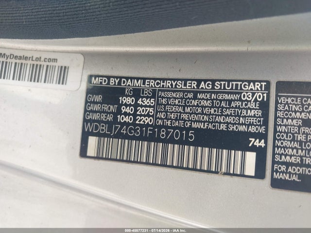 45577231 :رقم المزاد ، WDBLJ74G31F187015 vin ، 2001 Mercedes-benz Clk 55 Amg مزاد بيع