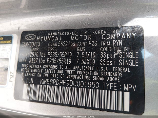 2013 Hyundai Santa Fe Limited მანქანა იყიდება აუქციონზე, vin: KM8SRDHF9DU001950, აუქციონის ნომერი: 45577237