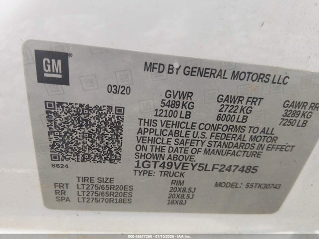 Aukcja sprzedaży 2020 Gmc Sierra 3500hd 4wd  Standard Bed At4, vin: 1GT49VEY5LF247485, numer aukcji: 45577250