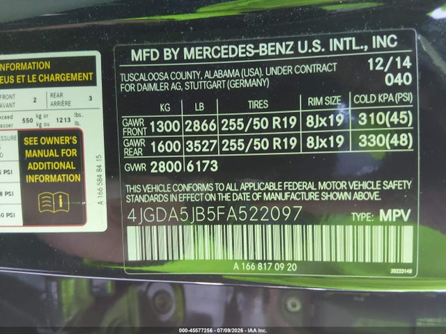 Продажа на аукционе авто 2015 Mercedes-benz Ml 350, vin: 4JGDA5JB5FA522097, номер лота: 45577256