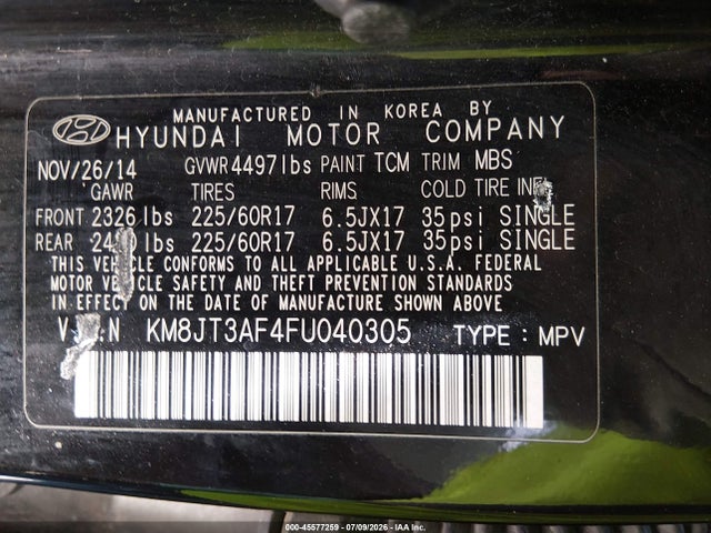 Продажа на аукционе авто 2015 Hyundai Tucson Gls, vin: KM8JT3AF4FU040305, номер лота: 45577259