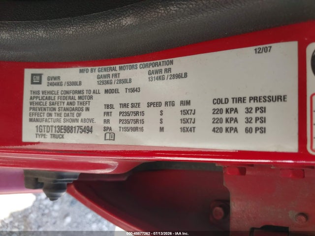 45577262 :رقم المزاد ، 1GTDT13E988175494 vin ، 2008 Gmc Canyon Sle1 مزاد بيع