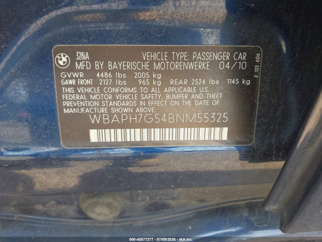 2011 Bmw 328i მანქანა იყიდება აუქციონზე, vin: WBAPH7G54BNM55325, აუქციონის ნომერი: 45577277