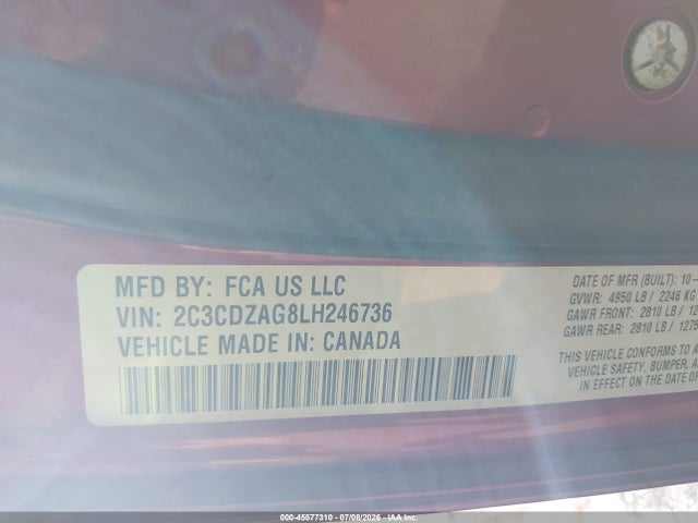 45577310 :رقم المزاد ، 2C3CDZAG8LH246736 vin ، 2020 Dodge Challenger Sxt مزاد بيع