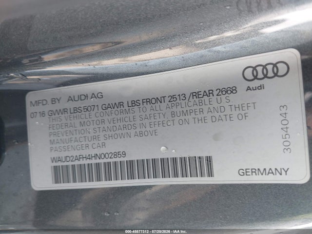 45577312 :رقم المزاد ، WAUD2AFH4HN002859 vin ، 2017 Audi A5 Cabriolet Sport مزاد بيع