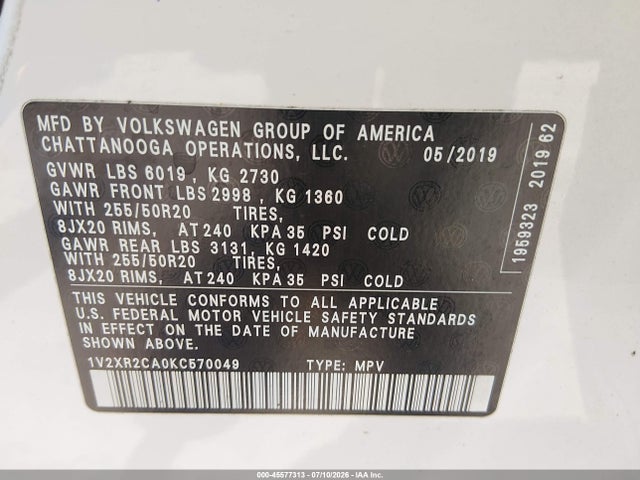 Aukcja sprzedaży 2019 Volkswagen Atlas 3.6l V6 Se W/technology R-line, vin: 1V2XR2CA0KC570049, numer aukcji: 45577313