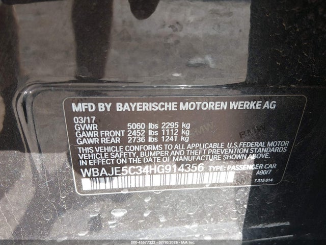 Aukcja sprzedaży 2017 Bmw 540i, vin: WBAJE5C34HG914356, numer aukcji: 45577322