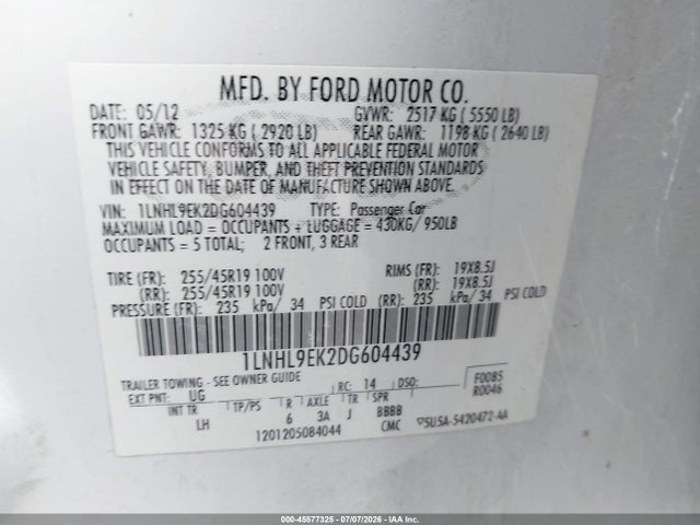 2013 Lincoln Mks მანქანა იყიდება აუქციონზე, vin: 1LNHL9EK2DG604439, აუქციონის ნომერი: 45577325