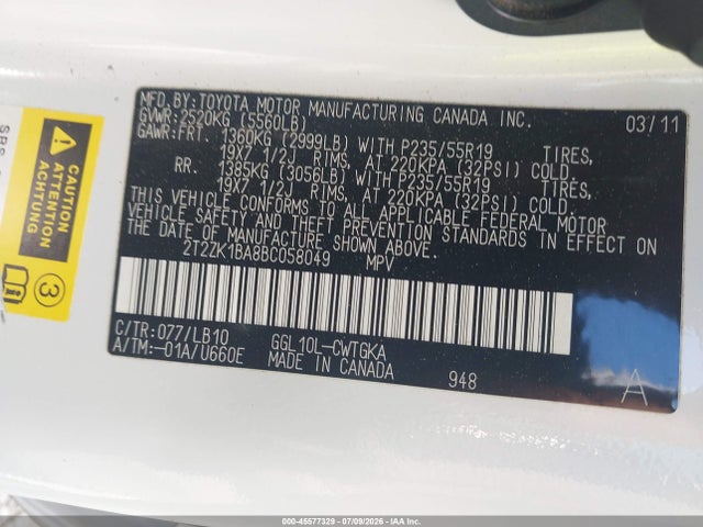 2011 Lexus Rx 350 მანქანა იყიდება აუქციონზე, vin: 2T2ZK1BA8BC058049, აუქციონის ნომერი: 45577329