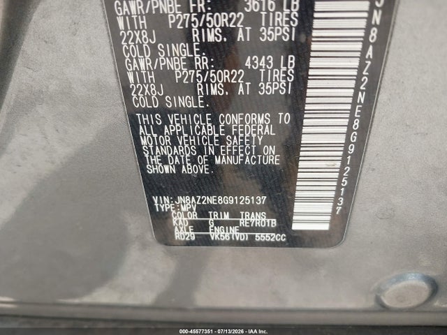 2016 Infiniti Qx80 მანქანა იყიდება აუქციონზე, vin: JN8AZ2NE8G9125137, აუქციონის ნომერი: 45577351