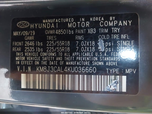 2019 Hyundai Tucson Sel მანქანა იყიდება აუქციონზე, vin: KM8J3CAL4KU036660, აუქციონის ნომერი: 45577352