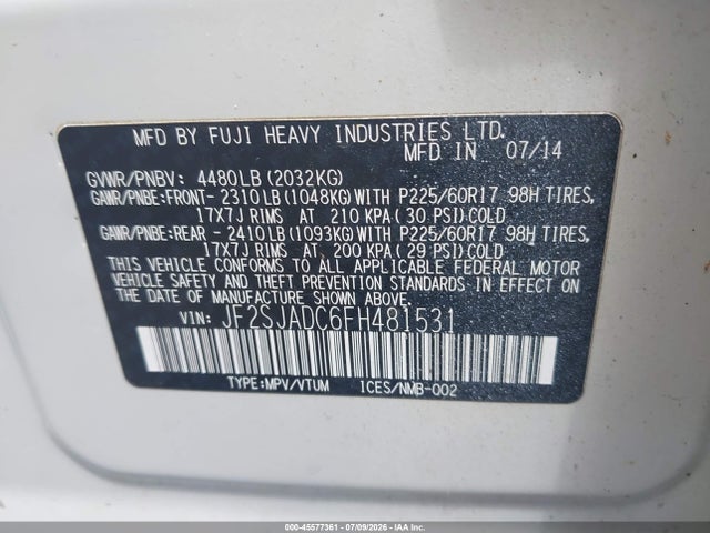 45577361 :رقم المزاد ، JF2SJADC6FH481531 vin ، 2015 Subaru Forester 2.5i Premium مزاد بيع