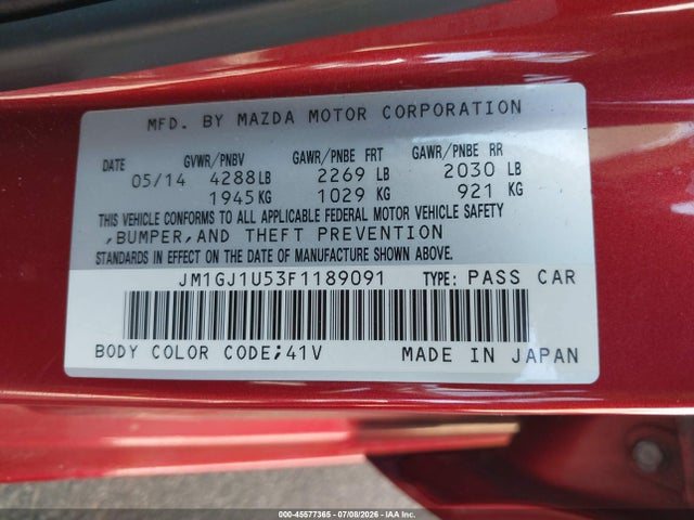 45577365 :رقم المزاد ، JM1GJ1U53F1189091 vin ، 2015 Mazda Mazda6 I Sport مزاد بيع