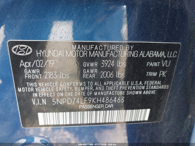 45577369 :رقم المزاد ، 5NPD74LF9KH486463 vin ، 2019 Hyundai Elantra Se مزاد بيع