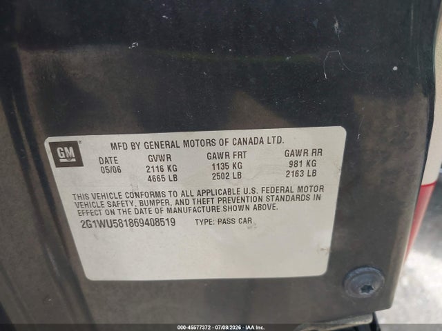 Продаж на аукціоні авто 2006 Chevrolet Impala Ltz, vin: 2G1WU581869408519, номер лоту: 45577372