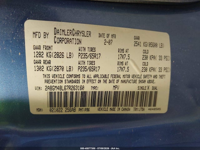 2007 Chrysler Pacifica მანქანა იყიდება აუქციონზე, vin: 2A8GM48L67R263160, აუქციონის ნომერი: 45577388