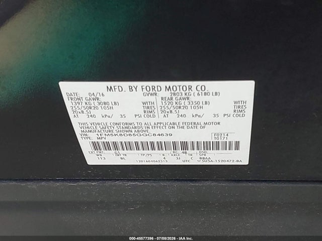 Ford EXPLORER XLT 2016 1FM5K8D85GGC84639 Image 9