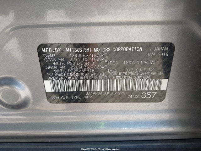 45577397 :رقم المزاد ، JA4AP3AU6KU023680 vin ، 2019 Mitsubishi Outlander Sport 2.0 Es مزاد بيع