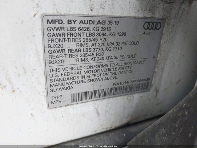 Продажа на аукционе авто 2019 Audi Q7 45 Premium, vin: WA1LHAF7XKD043038, номер лота: 45577407