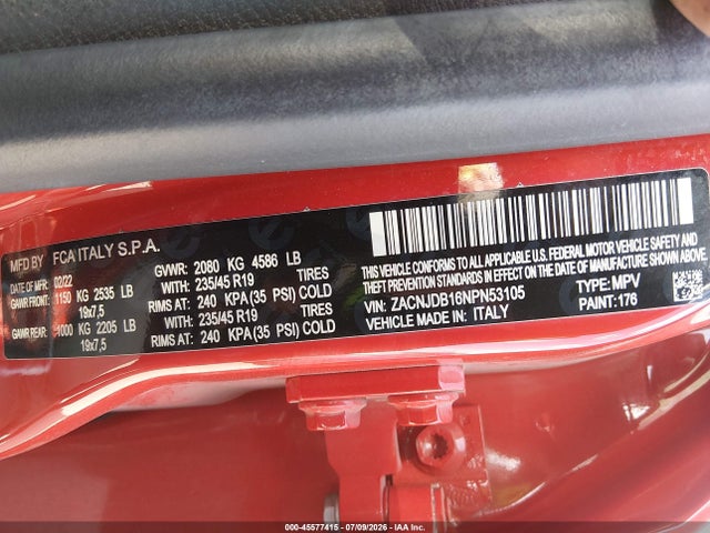 2022 Jeep Renegade (red) Edition 4x4 მანქანა იყიდება აუქციონზე, vin: ZACNJDB16NPN53105, აუქციონის ნომერი: 45577415