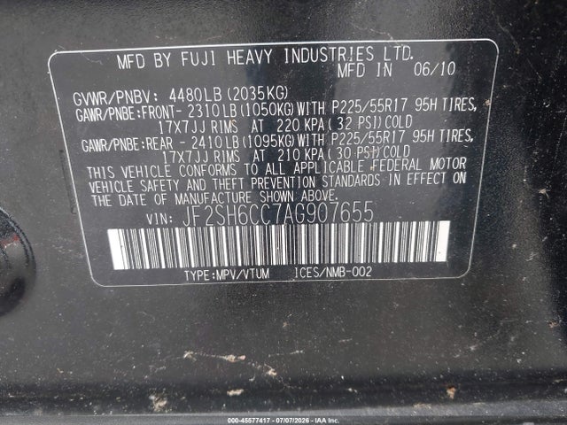 45577417 :رقم المزاد ، JF2SH6CC7AG907655 vin ، 2010 Subaru Forester 2.5x Premium مزاد بيع
