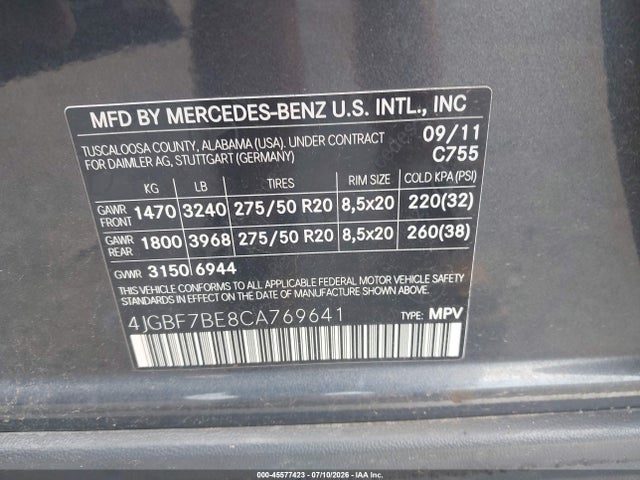 Aukcja sprzedaży 2012 Mercedes-benz Gl 450 4matic, vin: 4JGBF7BE8CA769641, numer aukcji: 45577423