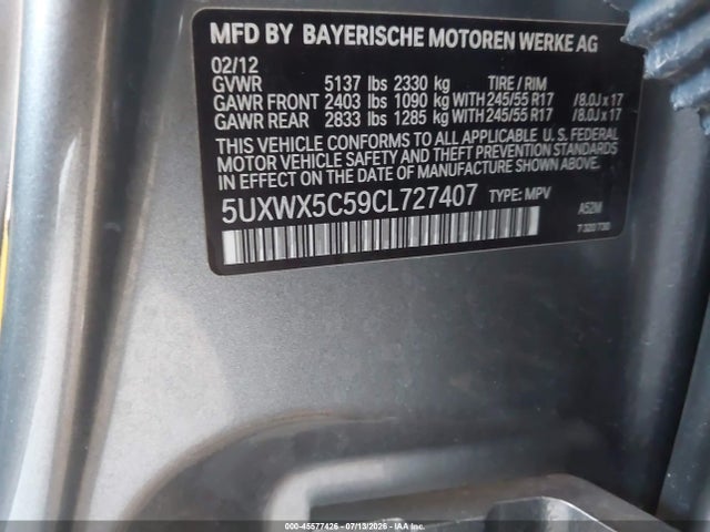 Aukcja sprzedaży 2012 Bmw X3 Xdrive28i, vin: 5UXWX5C59CL727407, numer aukcji: 45577426