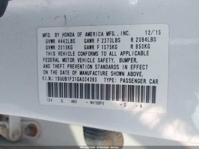 45577428 :رقم المزاد ، 19UUB1F31GA004390 vin ، 2016 Acura Tlx مزاد بيع