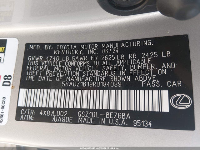 45577469 :رقم المزاد ، 58ADZ1B19RU184089 vin ، 2024 Lexus Es 350 مزاد بيع
