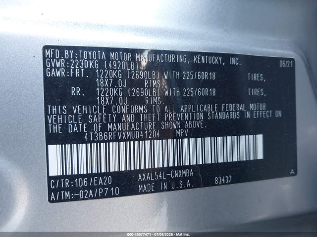 45577471 :رقم المزاد ، 4T3B6RFVXMU041204 vin ، 2021 Toyota Rav4 Hybrid Xle Premium مزاد بيع