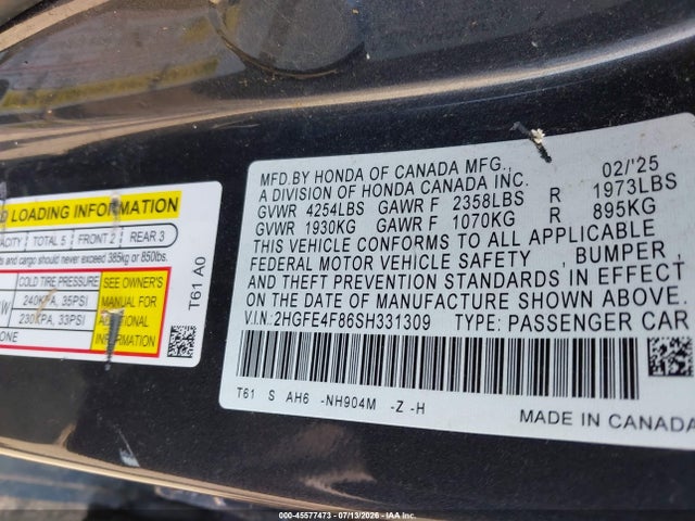 2025 Honda Civic Hybrid Sport/sport Touring მანქანა იყიდება აუქციონზე, vin: 2HGFE4F86SH331309, აუქციონის ნომერი: 45577473