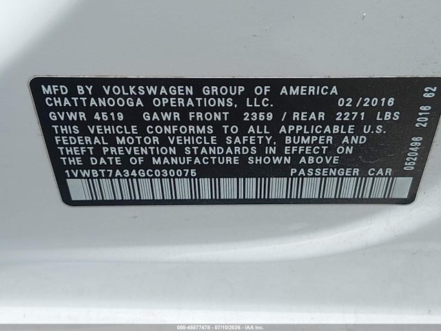 2016 Volkswagen Passat 1.8t Se მანქანა იყიდება აუქციონზე, vin: 1VWBT7A34GC030075, აუქციონის ნომერი: 45577478