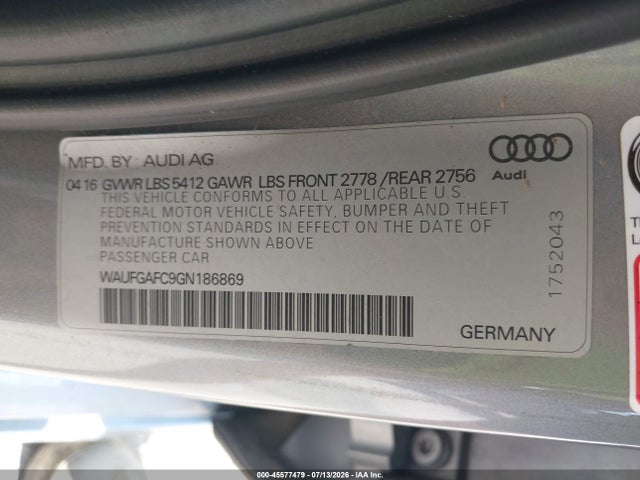 Продаж на аукціоні авто 2016 Audi A6 3.0t Premium Plus, vin: WAUFGAFC9GN186869, номер лоту: 45577479
