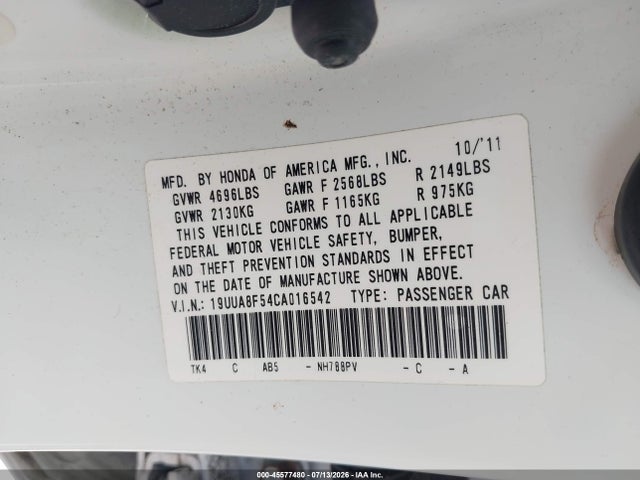 Aukcja sprzedaży 2012 Acura Tl 3.5, vin: 19UUA8F54CA016542, numer aukcji: 45577480