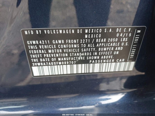 2015 Volkswagen Golf Tdi Se 4-door მანქანა იყიდება აუქციონზე, vin: 3VWRA7AUXFM089707, აუქციონის ნომერი: 45577493