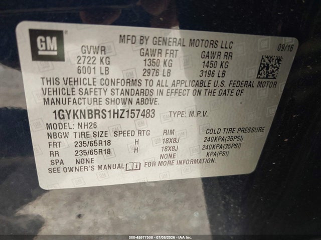 45577508 :رقم المزاد ، 1GYKNBRS1HZ157483 vin ، 2017 Cadillac Xt5 Luxury مزاد بيع