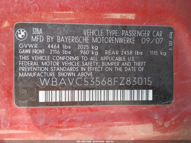 45577509 :رقم المزاد ، WBAVC53568FZ83015 vin ، 2008 Bmw 328i مزاد بيع