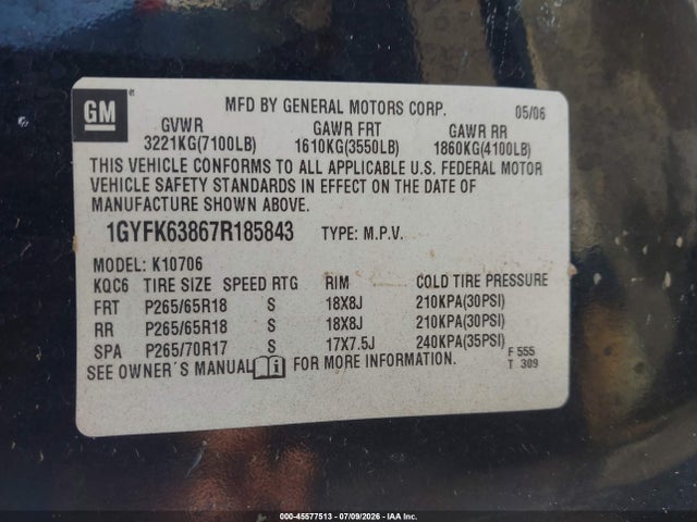 2007 Cadillac Escalade მანქანა იყიდება აუქციონზე, vin: 1GYFK63867R185843, აუქციონის ნომერი: 45577513