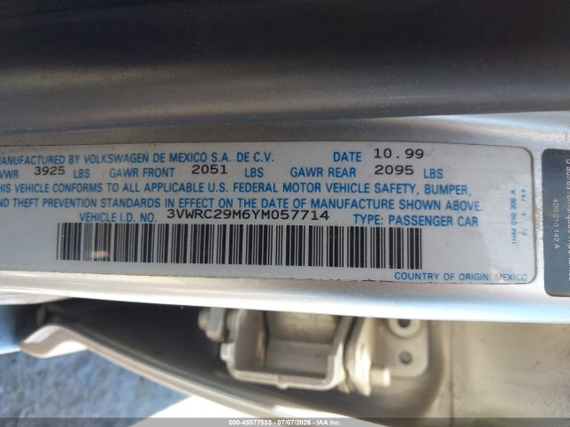 45577533 :رقم المزاد ، 3VWRC29M6YM057714 vin ، 2000 Volkswagen Jetta Gl مزاد بيع