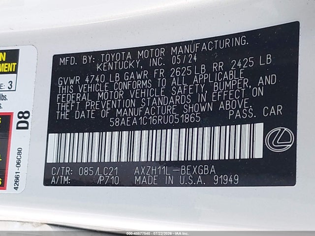 Продаж на аукціоні авто 2024 Lexus Es 300h Luxury, vin: 58AEA1C16RU051865, номер лоту: 45577540