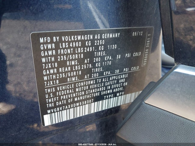 Aukcja sprzedaży 2013 Volkswagen Tiguan Se, vin: WVGBV7AX0DW538307, numer aukcji: 45577549