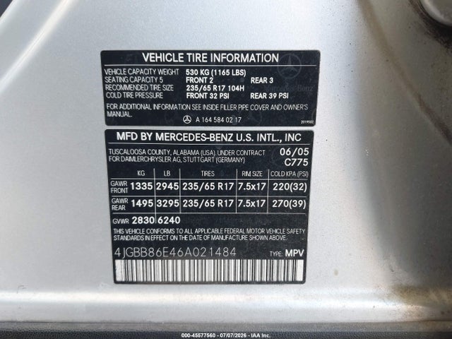 Продаж на аукціоні авто 2006 Mercedes-benz Ml 350 4matic, vin: 4JGBB86E46A021484, номер лоту: 45577560