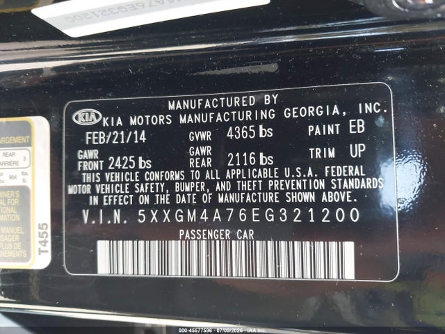 2014 Kia Optima Lx მანქანა იყიდება აუქციონზე, vin: 5XXGM4A76EG321200, აუქციონის ნომერი: 45577596