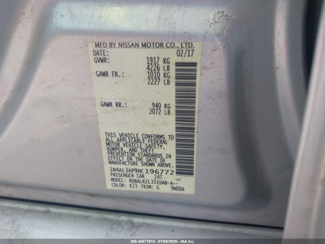 2017 Nissan Altima 2.5 Sl მანქანა იყიდება აუქციონზე, vin: 1N4AL3AP9HC196772, აუქციონის ნომერი: 45577610
