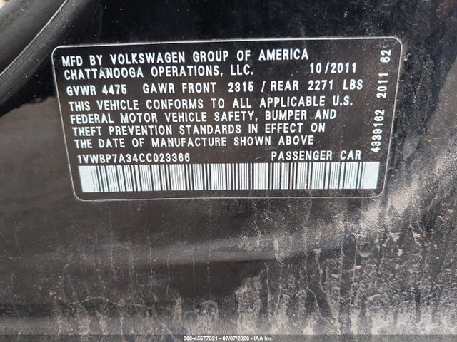 Aukcja sprzedaży 2012 Volkswagen Passat 2.5l Se, vin: 1VWBP7A34CC023366, numer aukcji: 45577621